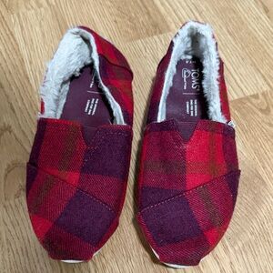 TOMS Burgundy and Red Plaid Slip-Ons
